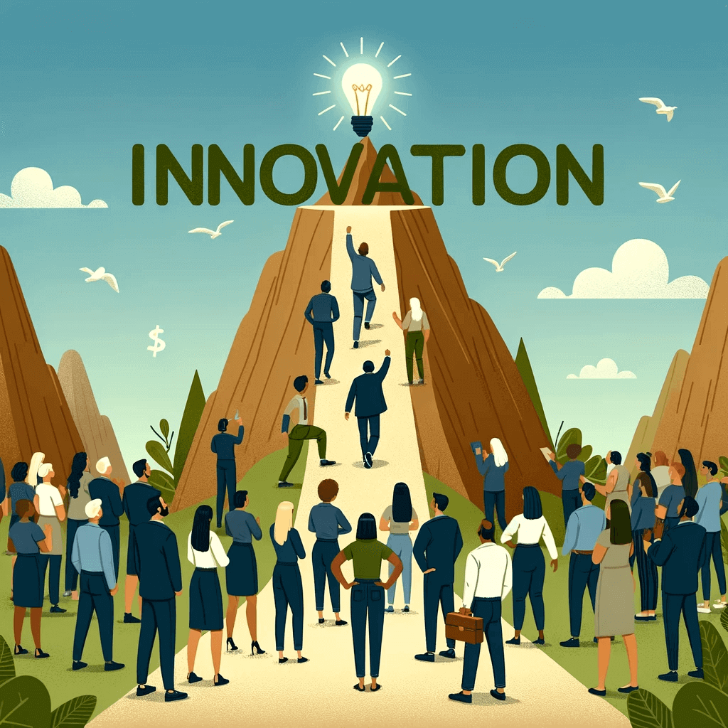 Illustration d'un groupe de personnes diverses se tenant au pied d'une montagne avec le mot 