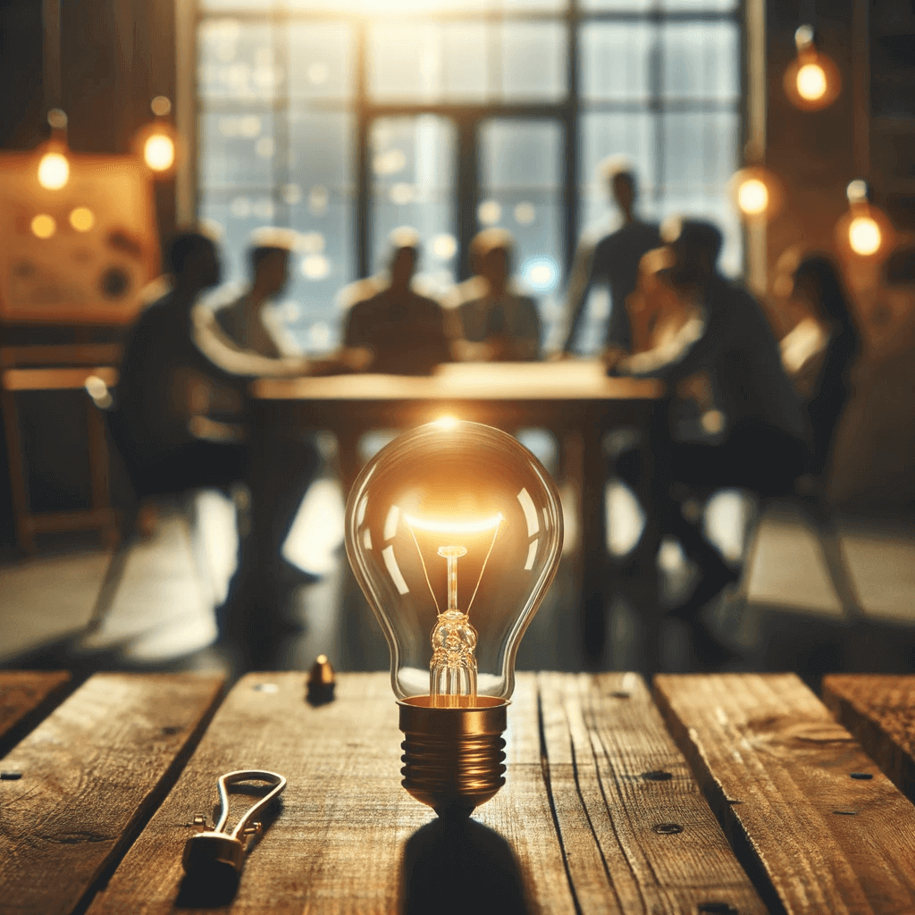 Photo d'une ampoule lumineuse suspendue au-dessus d'une clé posée sur une table. À l'arrière-plan, on peut voir des silhouettes de personnes