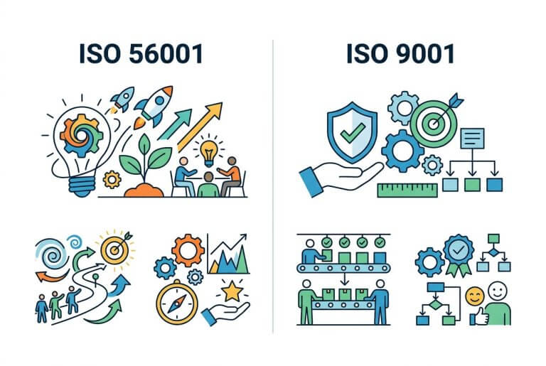 Tableau comparatif ISO 56001 innovation versus ISO 9001 qualité différences