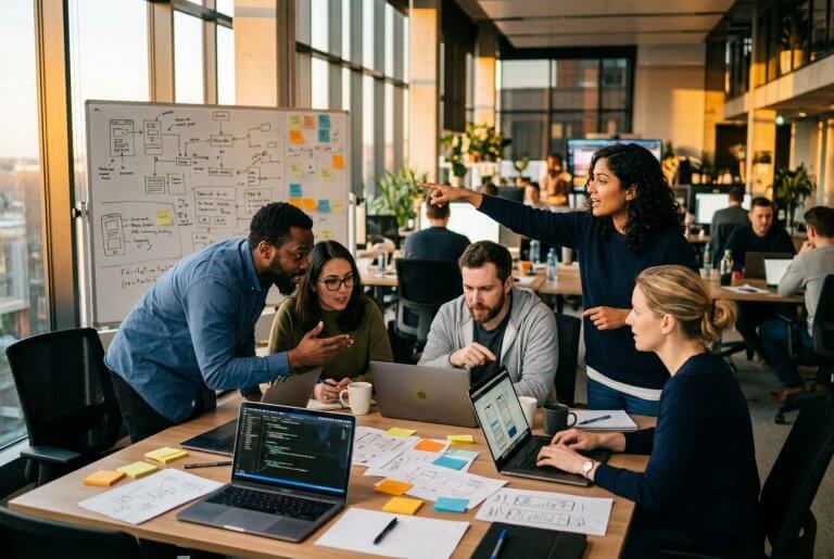 Équipes hackathon innovation entreprise travaillant sur des prototypes en 48h